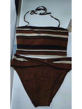 NWT Robin Piccone Bikini Set M Brown Stripe Bandeau Halter Top Wrap Bottom